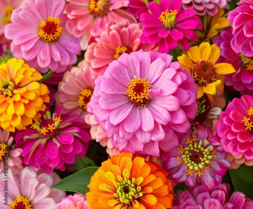 Beautiful colorful zinnia and dahlia flowers in full bloom  close up. Natural summery texture for background