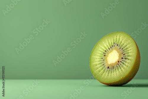 A green kiwi fruit with a small hole in the middle with a copy space photo