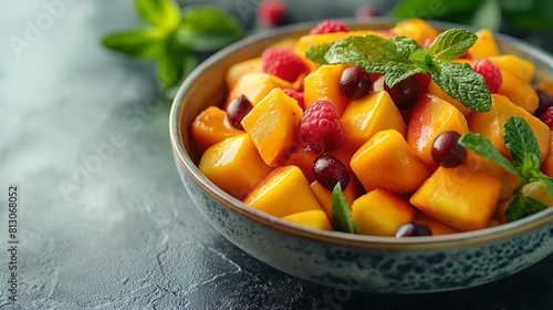 A top-down view of a bowl filled with diced Chaunsa mangoes  their juicy goodness captured against a spotless white surface