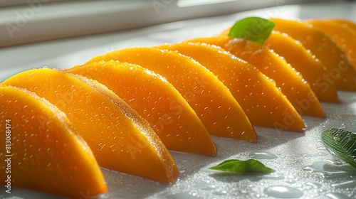 Slices of juicy Chaunsa mango arranged in a geometric pattern, casting delicate shadows on a pure white table