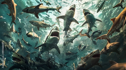 A group of sleek and powerful sharks circling a bait ball, their sharp teeth gleaming as they feed on the panicked fish. © Ansar
