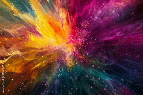Mesmerizing abstract digital art depicting a vibrant cosmic explosion in space with colorful energy. Creating a bright and dynamic artwork with a modern design and pattern