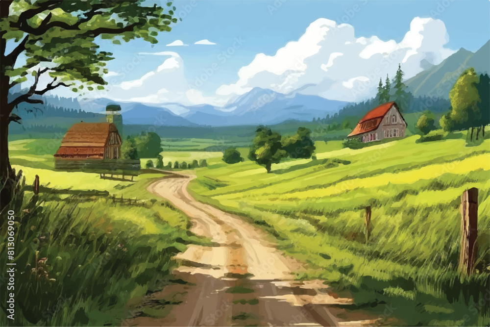 Rural Scene Landscape. Green fields landscape of farmland. Green grass, meadows and trees, blue sky on background. Country agriculture farmland. vector illustration. 