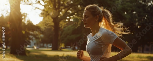 A young woman with long flowing hair running in a sunlit park, depicting motion and healthy lifestyle. photo