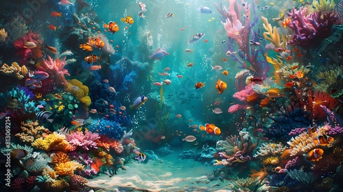 a vibrant underwater scene showcasing a coral reef teeming with life. Use a variety of colors to depict the diverse fish and intricate coral formations