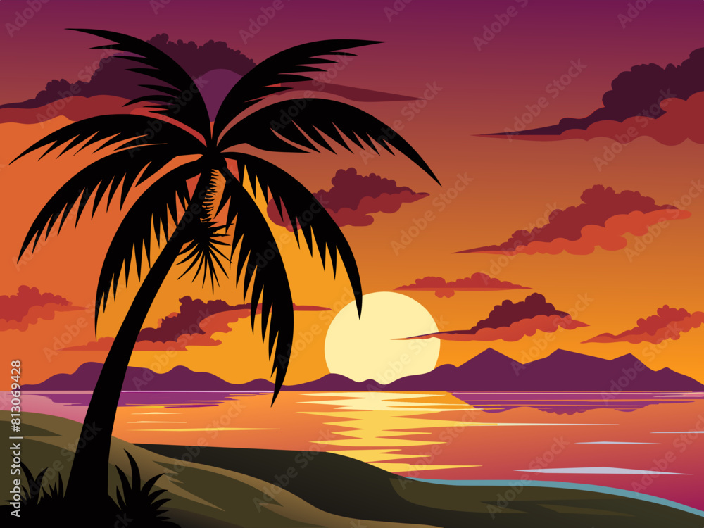  Sea beach sunset with coconut tree black silhouette vector illustration 