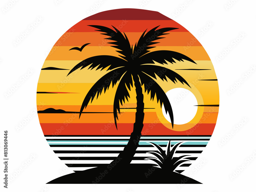 Sea beach sunset with coconut tree black silhouette vector illustration 