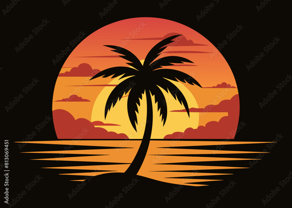  Sea beach sunset with coconut tree black silhouette vector illustration 