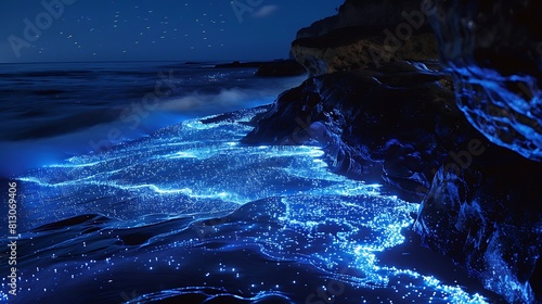 A mesmerizing display of bioluminescent plankton illuminating the dark depths of the ocean with a soft blue glow. © Ansar