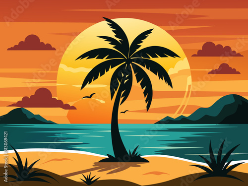  Sea beach sunset with coconut tree black silhouette vector illustration 