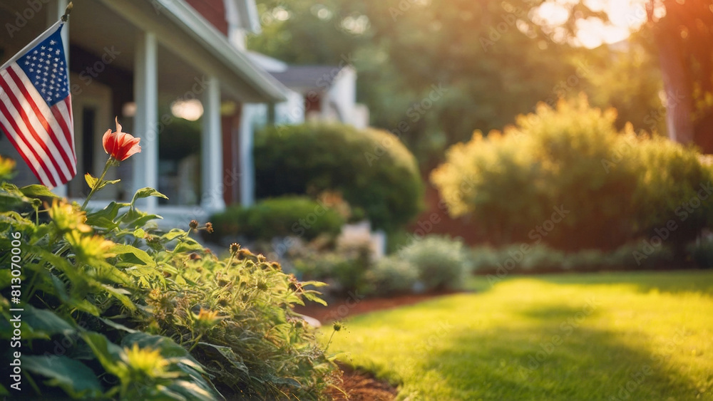 Obraz premium Patriotic American flag on corner of residential house with blurred background on sunny day