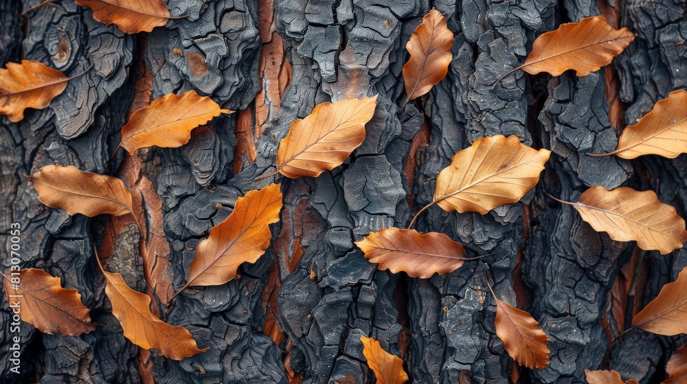 Autumn Leaves Adorning Tree Bark Autumn Leaves Adorning Tree Bark