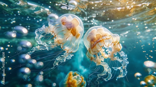 A pair of graceful jellyfish drifting lazily in the gentle currents of the ocean, their translucent bodies glowing in the sunlight. © Ansar