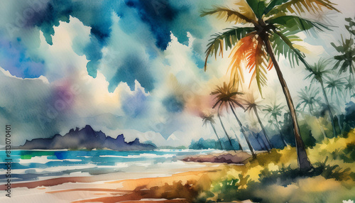 Watercolor painting of beautiful palm trees. Blue sky and tropical beach. Natural landscape.