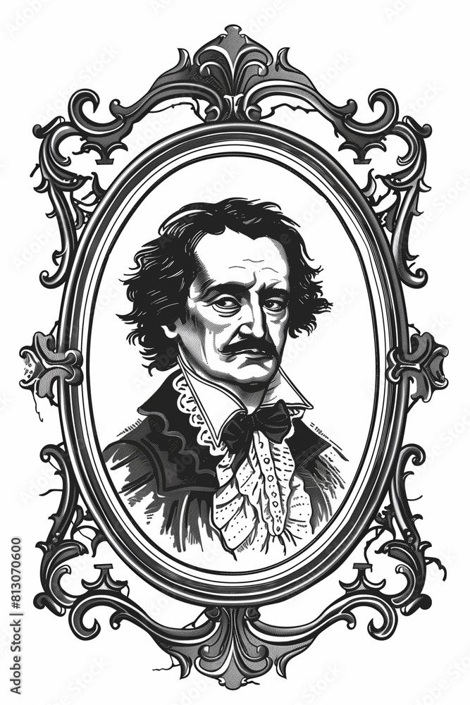 Photo &amp; Art Print Edgar allan Poe portrait inside a vintage frame illustration vector white ...