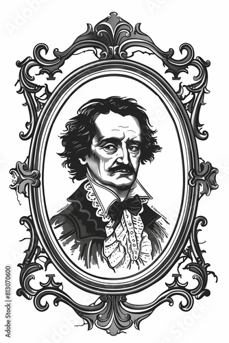 Edgar allan Poe portrait inside a vintage frame illustration vector white background  photo