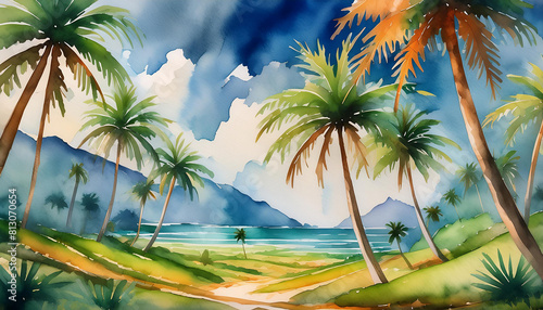 Watercolor painting of beautiful palm trees. Blue sky and tropical beach. Natural landscape.