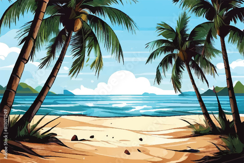 Sunny day on a tropical beach. Calm waves. Clear sky. The beauty of the sea. Vector illustration design. palm trees. Beach Landscape. 