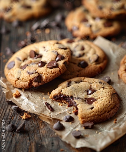 Chocolate Chip Cookies on a Wooden Table