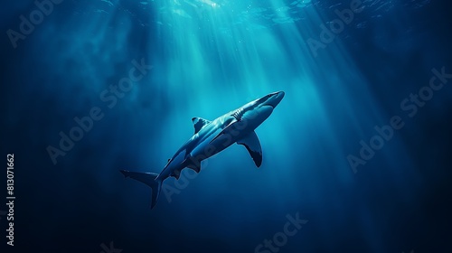 A sleek and agile shark swimming effortlessly through deep blue ocean waters.