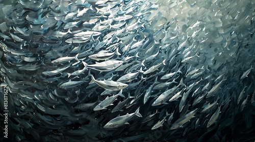 A school of shimmering silver fish swimming in perfect unison, their synchronized movements creating mesmerizing patterns in the water. © Ansar