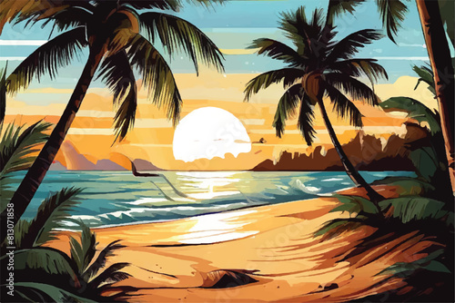  Beautiful exotic sunset at a beach vector illustration. Beach with palm trees and sundown. The beauty of the sea. 