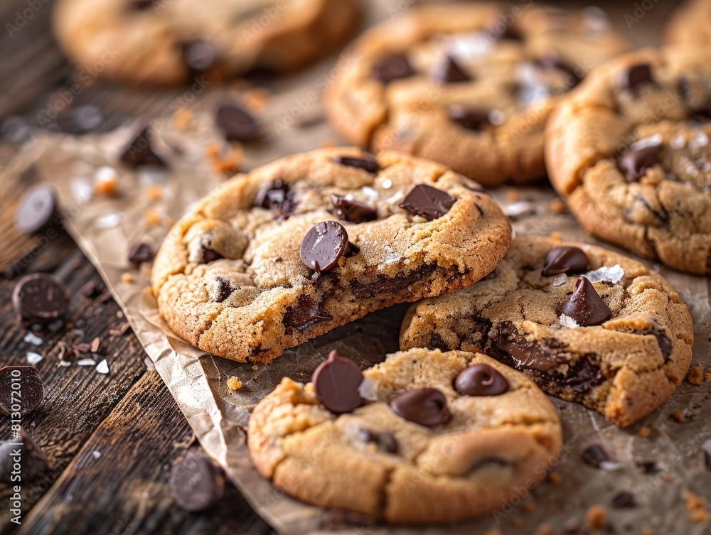 Chocolate Chip Cookies With Sea Salt on a Wooden Table Chocolate Chip Cookies With Sea Salt on a Wooden Table