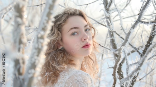 Winter bride in frosty nature, perfect for bridal and winter wonderland themes.