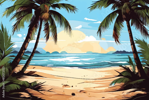 Sunny day on a tropical beach. Calm waves. Clear sky. The beauty of the sea. Vector illustration design. palm trees. Beach Landscape. 