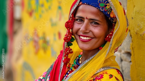 Traditional Rajasthani woman smiling, suitable for cultural and travel-related content. © mashimara
