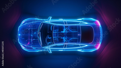 The image depicts a digitally rendered animation of a sleek, blue car with a futuristic design. photo