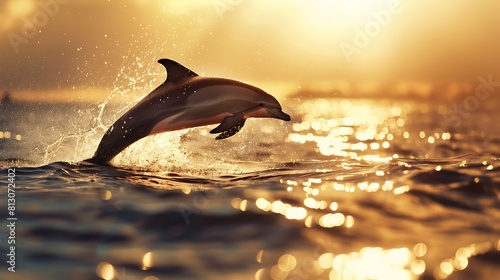 A solitary dolphin leaping out of the water in a graceful arc, its sleek body glistening in the sunlight as it catches a breath of air. © Ansar