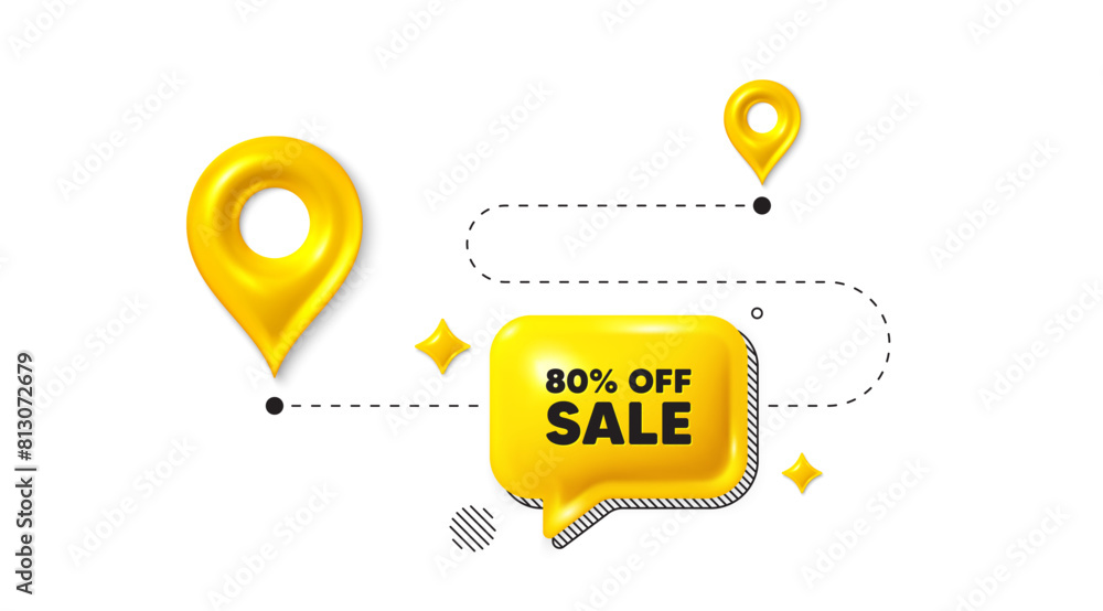Road journey position 3d pin. Sale 80 percent off discount. Promotion price offer sign. Retail badge symbol. Sale message. Chat speech bubble, place banner. Yellow text box. Vector Road journey position 3d pin. Sale 80 percent off discount. Promotion price offer sign. Retail badge symbol. Sale message. Chat speech bubble, place banner. Yellow text box. Vector