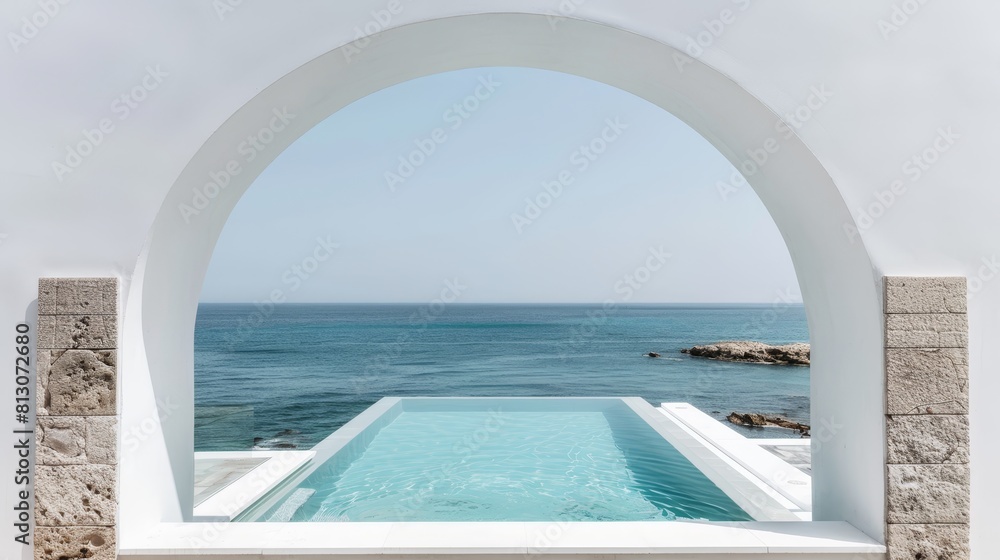 Fototapeta premium Seaside relaxation area with an infinity pool framed by an arch, ideal for resort and luxury living promotions.