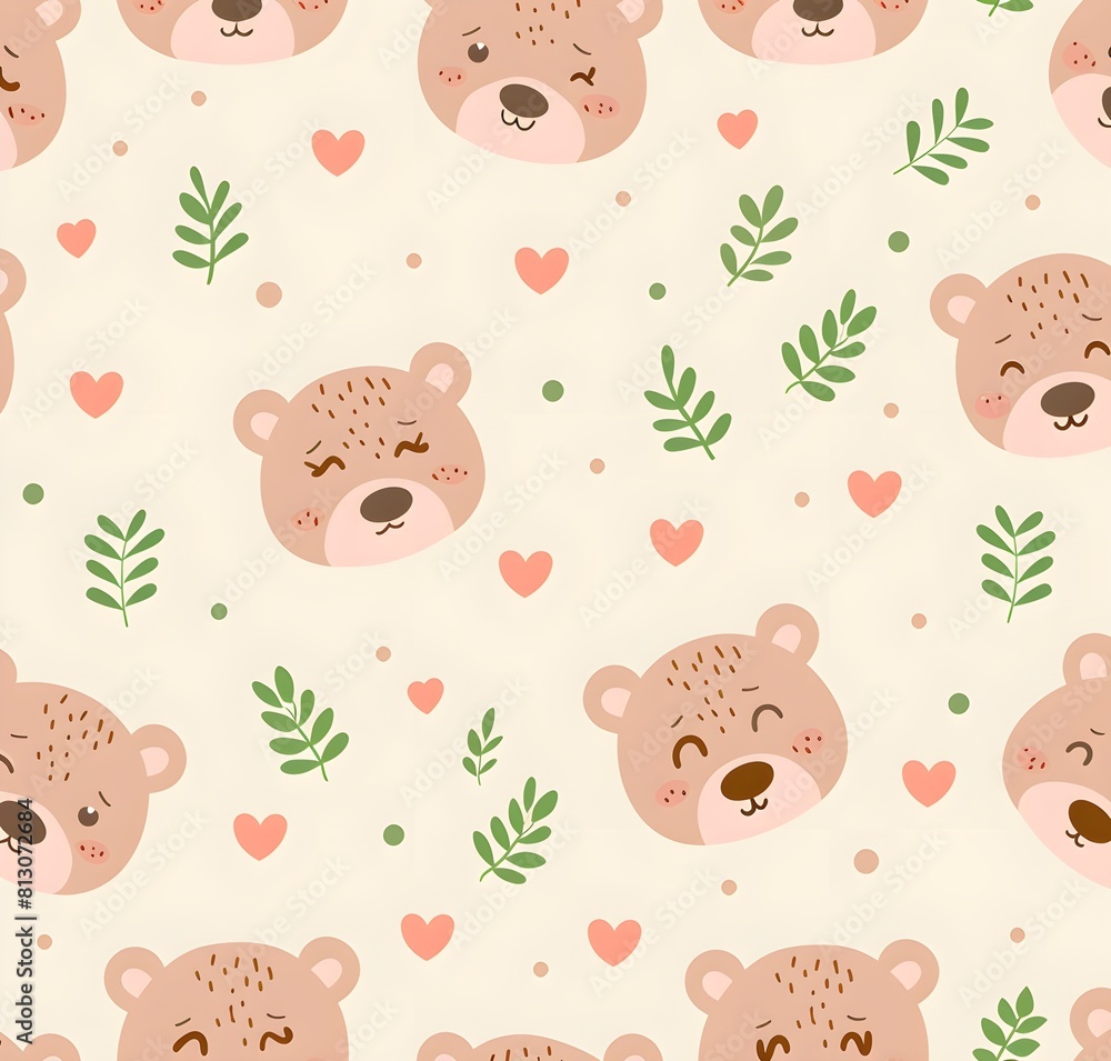Cute pink bear face pattern with hearts and leaves, pastel colors, seamless design Cute pink bear face pattern with hearts and leaves, pastel colors, seamless design