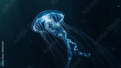 A solitary jellyfish drifting lazily in the gentle currents of the ocean, its translucent body glowing softly in the darkness. © Ansar