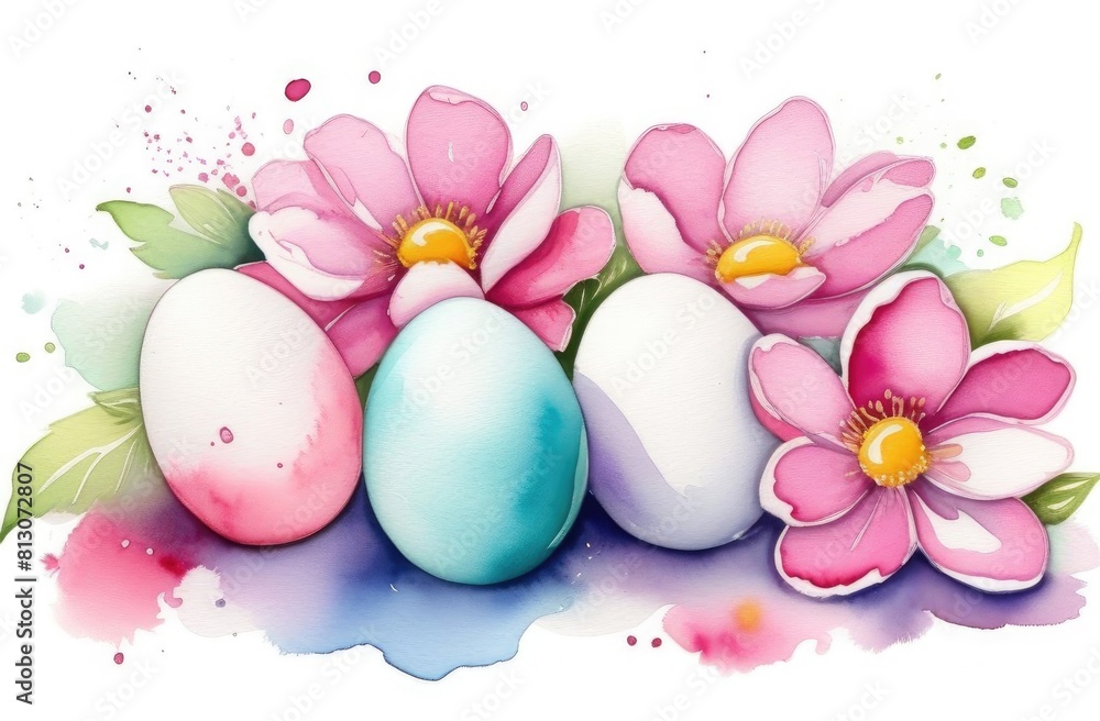 Colored Easter eggs on a background of pink flowers. Watercolor pastel illustration. Colored Easter eggs on a background of pink flowers. Watercolor pastel illustration.