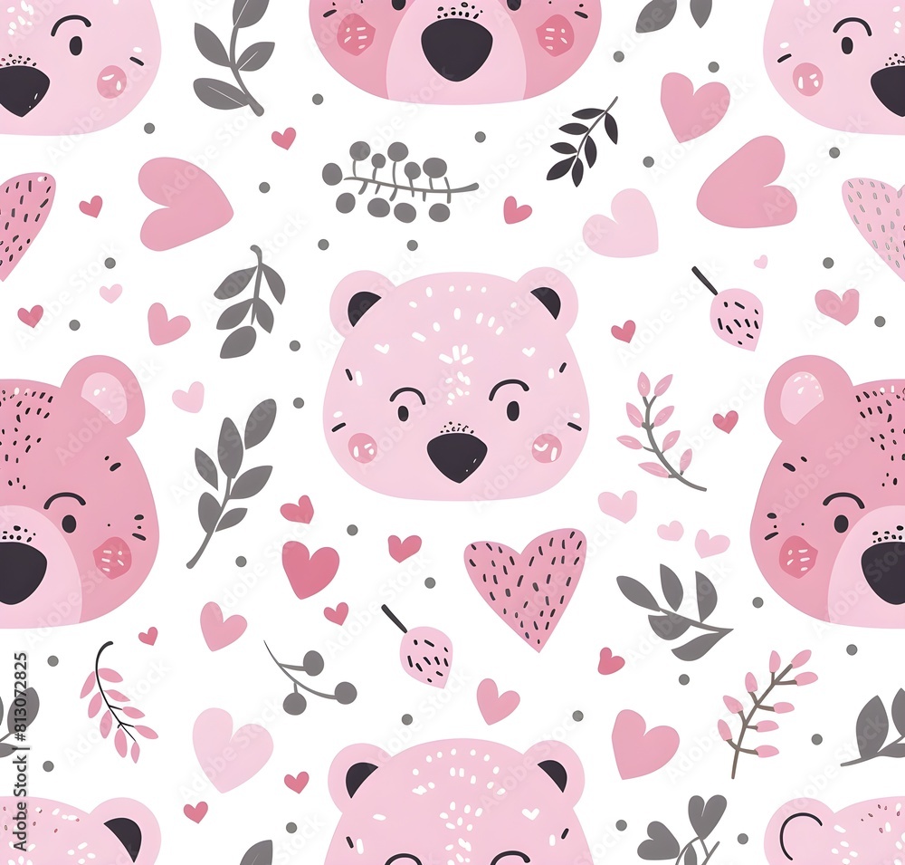 Cute pink bear face pattern with hearts and leaves, pastel colors, seamless design Cute pink bear face pattern with hearts and leaves, pastel colors, seamless design