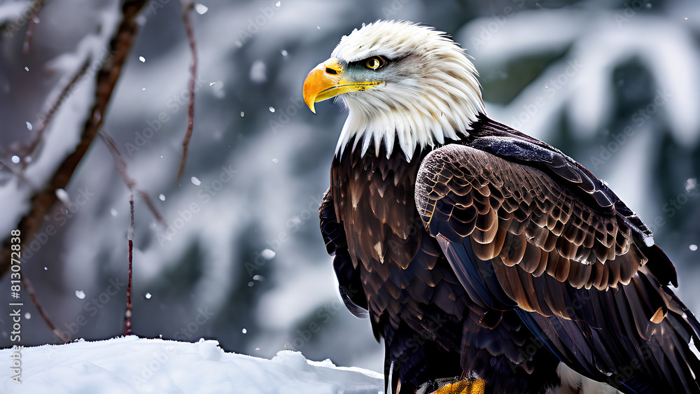 Winter Majesty: American Bald Eagle Gracefully in Snow AI Generated PNG Illustration Winter Majesty: American Bald Eagle Gracefully in Snow AI Generated PNG Illustration
