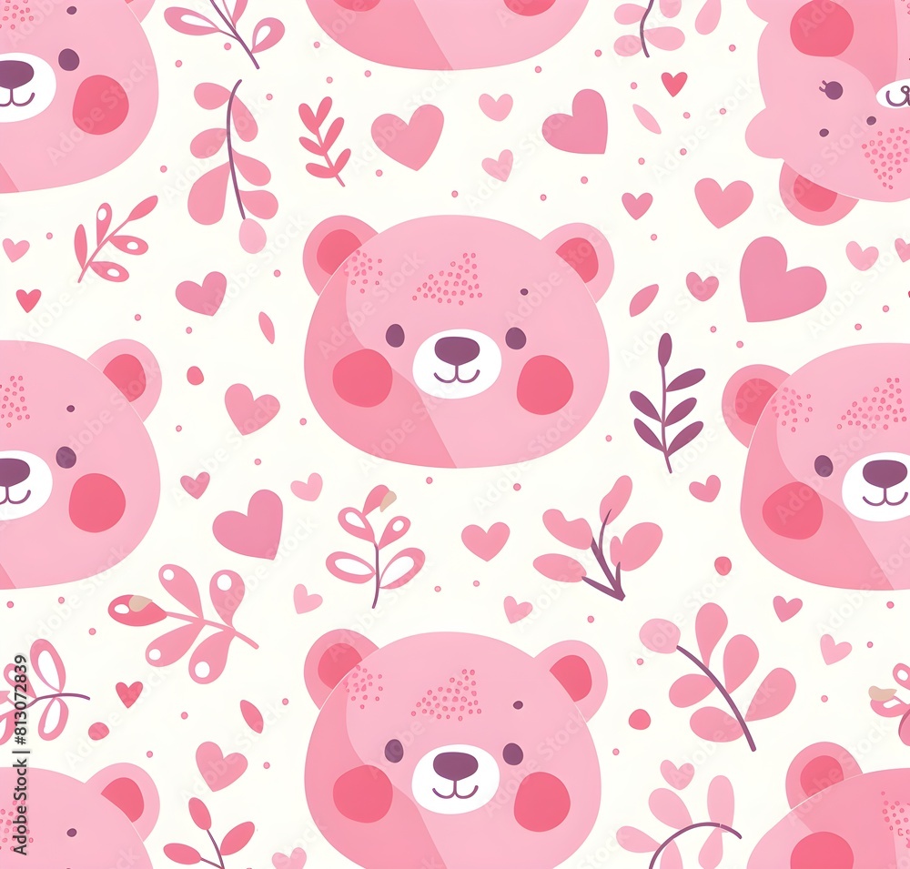 Cute pink bear face pattern with hearts and leaves, pastel colors, seamless design Cute pink bear face pattern with hearts and leaves, pastel colors, seamless design