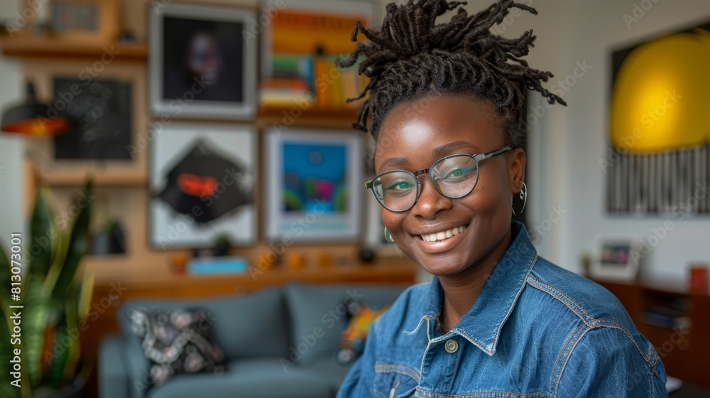 Smiling young Black woman in glasses, great for educational and lifestyle marketing. Smiling young Black woman in glasses, great for educational and lifestyle marketing.
