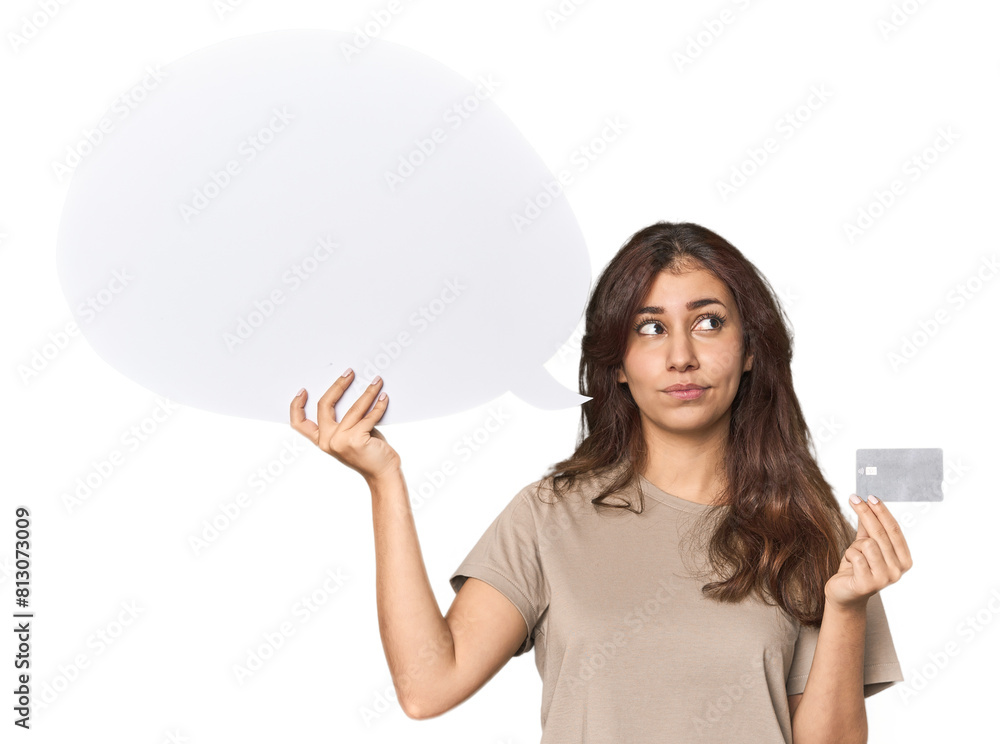 Young Middle Eastern woman with credit card, speech bubble Young Middle Eastern woman with credit card, speech bubble