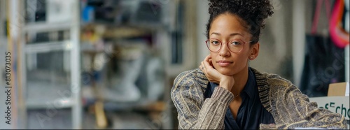 A black woman in her late thirties, wearing glasses and casual sitting at an office desk with her hand on her chin thinking about something while looking to the side. She is smiling slightly