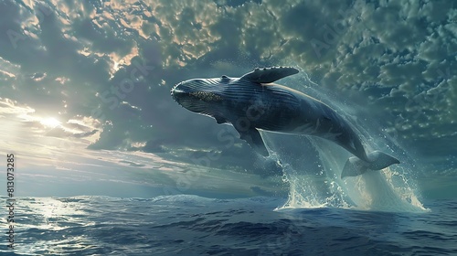 A solitary whale breaching the surface of the ocean, its massive body soaring into the air before crashing back down with a resounding splash. © Ansar