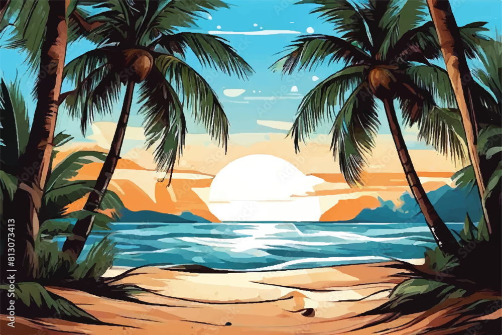  Beautiful exotic sunset at a beach vector illustration. Beach with palm trees and sundown. The beauty of the sea.
