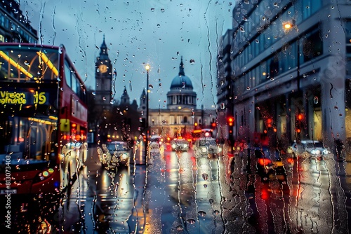 Traffic in rain storm in city of London. Big ben photo