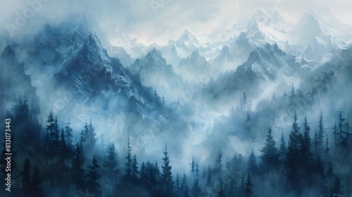 majestic mountain range shrouded in a veil of mist. Use soft washes of blue and grey to capture the ethereal atmosphere © MyBackground