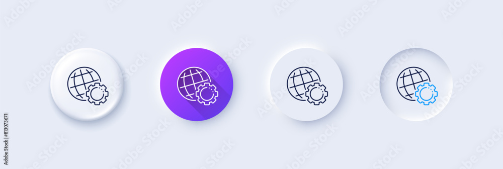 Globe line icon. Neumorphic, Purple gradient, 3d pin buttons. World or Earth sign. Global Internet symbol. Line icons. Neumorphic buttons with outline signs. Vector Globe line icon. Neumorphic, Purple gradient, 3d pin buttons. World or Earth sign. Global Internet symbol. Line icons. Neumorphic buttons with outline signs. Vector