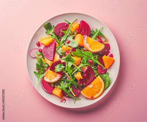 Bowl of healthy fresh fruit salad on wooden background. Top view. © H_designs