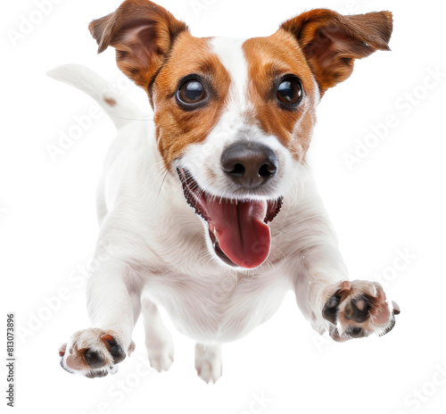 Energetic Dog Jumping on White Background